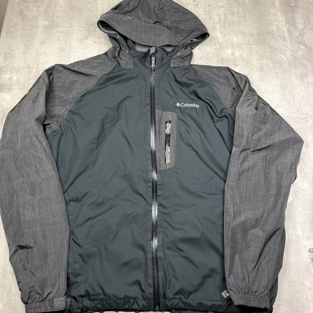 Columbia Jacket Mens XL Gray Black Hooded Full Zip Windbreaker Water Resistant